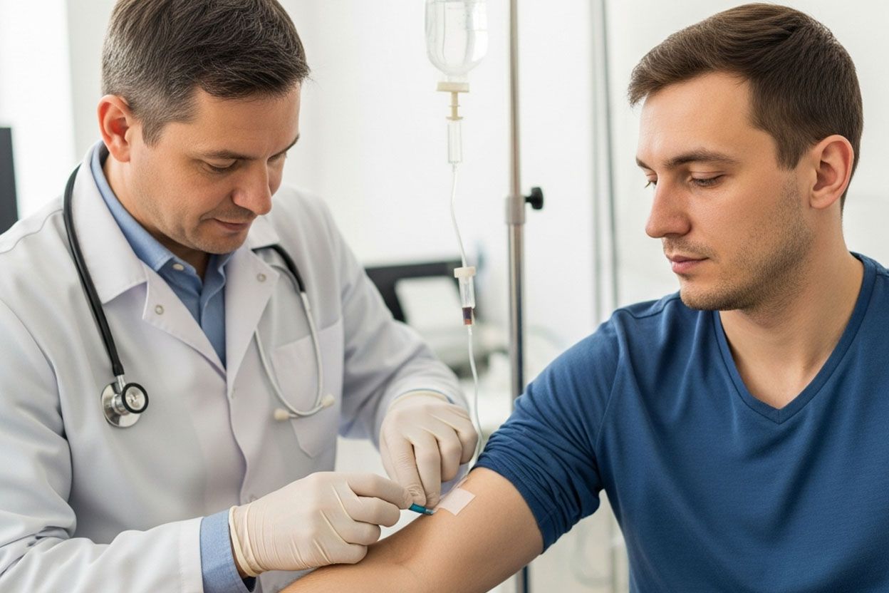 Врач ставит капельницу пациенту в палате